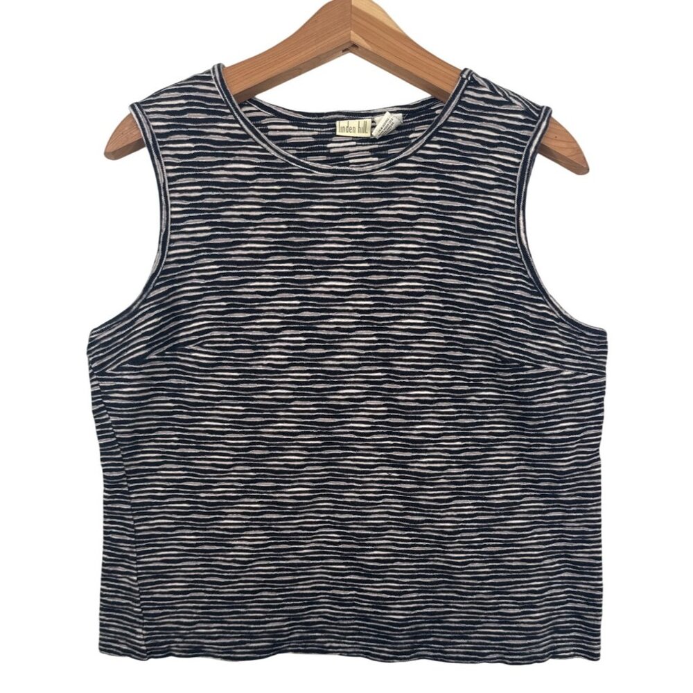 Linden Hill Womens Tank Top Sz L Black/Beige Striped Slvless Stretch Knit City